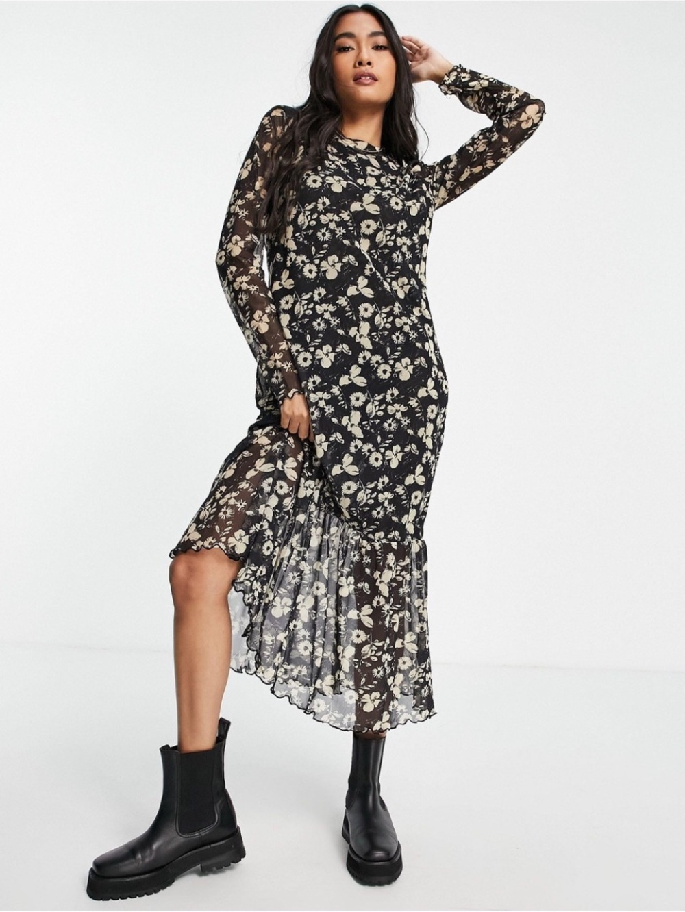 & Other Stories Floral Black Midi Dress with Sheer Long Sleeves Peplum Hem